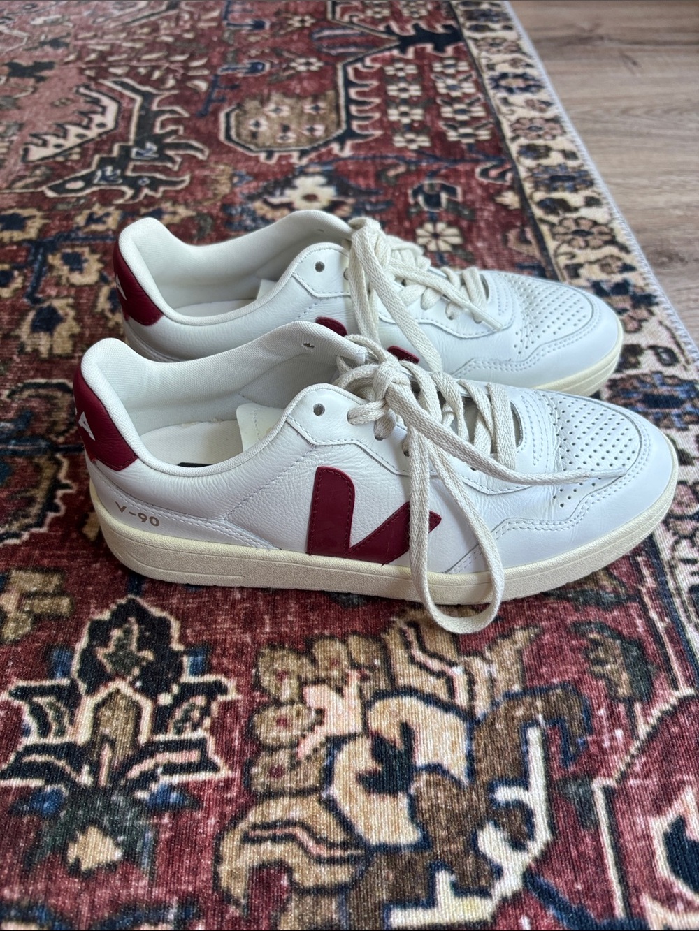 Veja V-90 White Leather Sneakers with Burgundy 'V' Accent - Picture 3 of 6